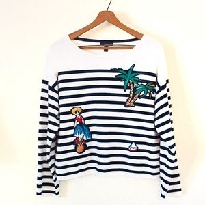 J-Crew Striped Patchwork Palm Tree Pullover